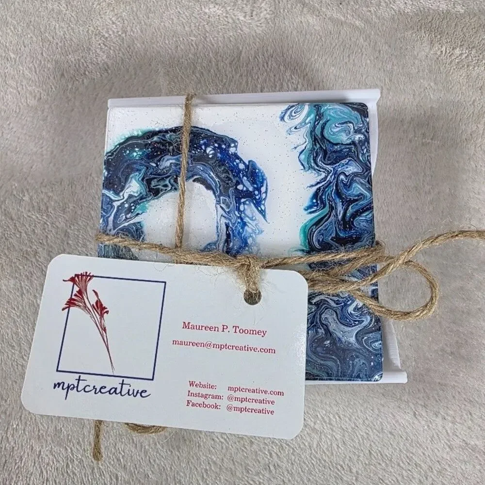 Original Pour Paint Set 4 Ceramic Coasters Hand Poured Wave Painting Blue White - Picture 3 of 7